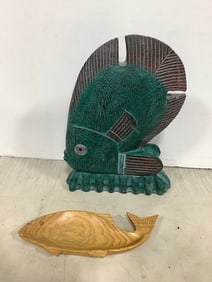 Vintage hand carved tropical wood fish and artist signed wood fish dish