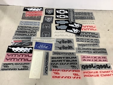 Large lot of Lextra raised 3D automobile logo iron on patches-Jeep, Grand Am, Laredo, and more)