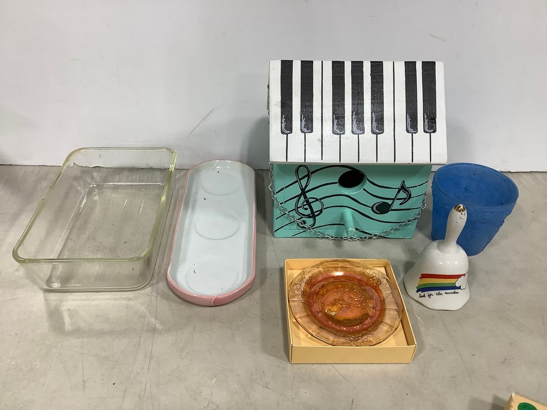 Handpainted birdhouse(9.5in.tall), ceramic bell, glass baking pan, and more: Handpainted birdhouse(9.5in.tall), ceramic bell, glass baking pan, and more