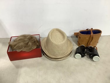Wig, hats, and binoculars with case