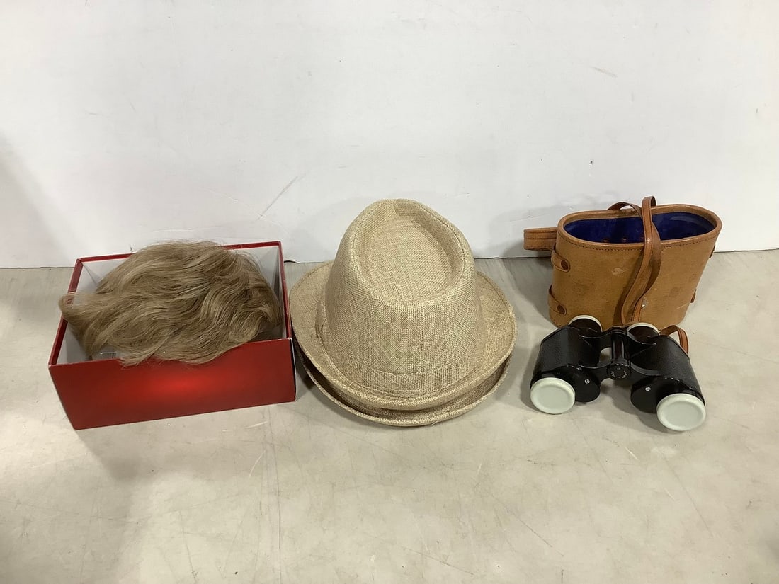 Wig, hats, and binoculars with case: Wig, hats, and binoculars with case