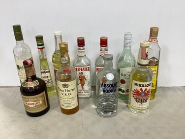 Various alcohol-different amounts in each(Absolut Vodka, Liquore Roiano, Bacardi, and more)