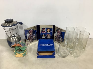 Lantern(10in.tall), bird statue(chipped), International Silver Company frame, and more