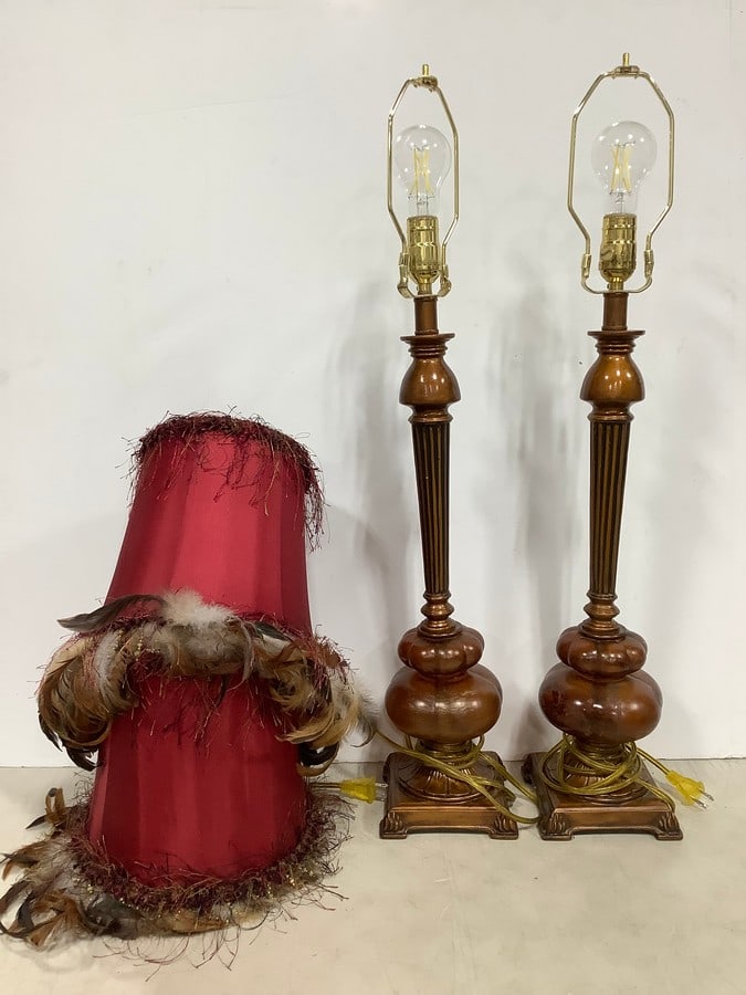Vintage Table Tables with Feather Lamp Shades (29.25in Tall): Vintage Table Tables with Feather Lamp Shades (29.25in Tall)