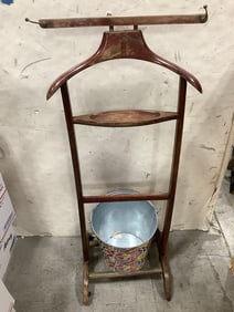 Vintage wooden clothing rack and bucket