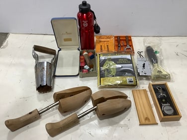 3 piece bar set, Trump Plaza scraper, adult rain poncho, wooden shoe stretchers, and more