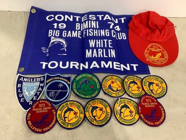 1974 Fishing Club Tournament banner, 1973 Frankie Brown memorial hat, and fishing badges
