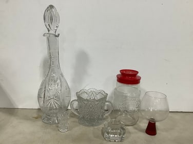 Crystal glass decanter(17in.tall), 1776 Liberty Bell Anchor Hocking glass jar, and more
