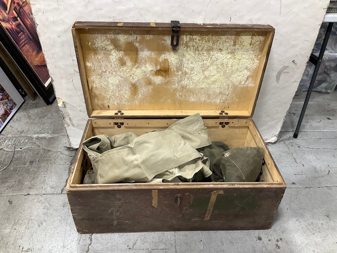 Vintage Wooden Chest with Military Clothing (30.5inx1.75inx12in): Vintage Wooden Chest with Military Clothing (30.5inx1.75inx12in)