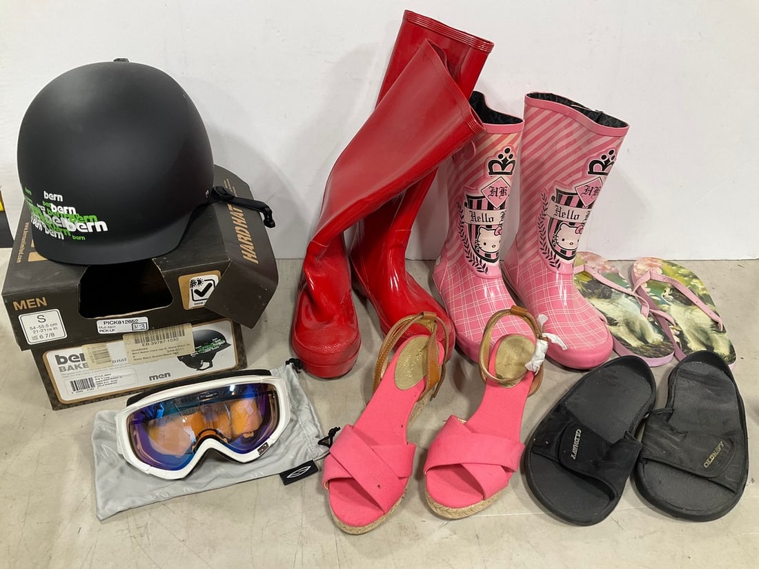 Bird hard hat, ski goggles, various shoes/rainboots(Coach, Old Navy, Hello Kitty, and more) (1 of 1)