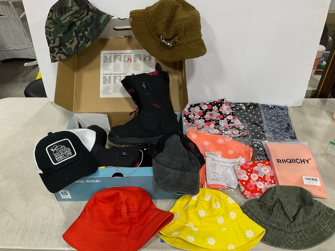 Burton black/berry boots(7), bandanas, and hats: Burton black/berry boots(7), bandanas, and hats