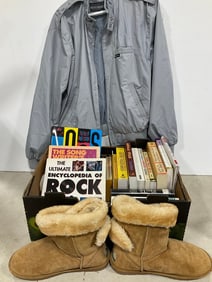 Various Books, Lamo Essential Boots (size: 11), and Members Only Jacket (Size: 42)