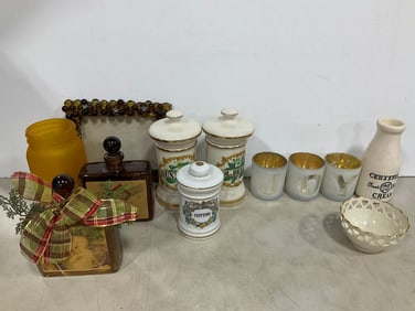 Various Ceramic Jars, Candle Holders, Glass Jars, and more (Tallest - 8in)