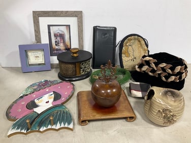 MCM Pottery, Framed Artwork (Largest - 10inx12in), Hats, Handbag,Coin Purse, and more