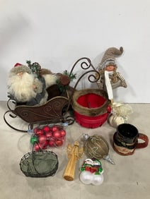 Various Christmas Decor (Sleigh, Baskets, Dolls, and more) Tallest - 13.5in