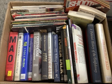 Various books and hunting magazines(Killing Lincoln, The Kitchen Shrink, Undue Risk, and more)