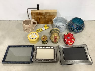 Various Candle Holders, Ceramic Pepper/Salt Shaker, Empty Frames, and more
