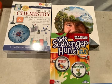 Discover chemistry set, kids scavenger hunt game, and Bob Ross game