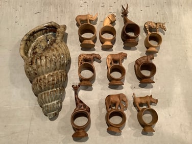 Shell wall decor(10.5in.long) and wooden hand carved napkin holders