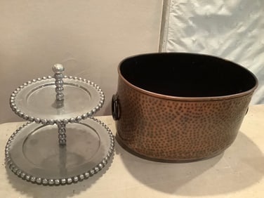 Large copper pot(9.5in.x16in.x12in.)and metal serving tray stand