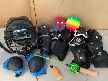 Bauer helmet, various knee pads, and more
