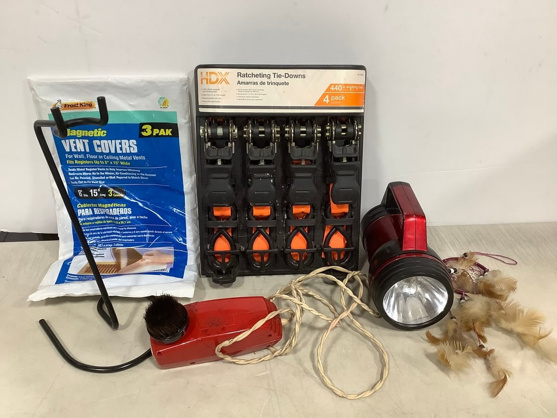 Ratcheting tie downs(4 pack), Magnetic vent covers(3 pack), flashlight, and more (1 of 1)