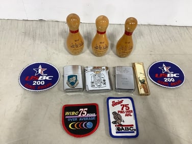Bowling League Wooden Pins (2.25in Tall), Vintage Lighters, and Badges