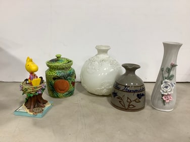 Floral Vase *chipped*, Peanuts Statue, Hampshire Pitcher, and more (Tallest - 7.5in)