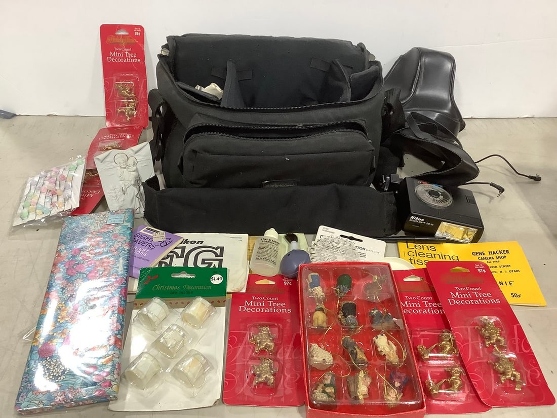 Kiwi Camera Case with Accessories, and Various Christmas Tree Ornaments: Kiwi Camera Case with Accessories, and Various Christmas Tree Ornaments