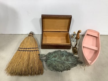 Vintage lot Murano style blown glass(4.5in.tall), wooden box, and more