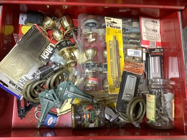 Heavy duty 6in. barrel bolt, doorknobs, screws, and more