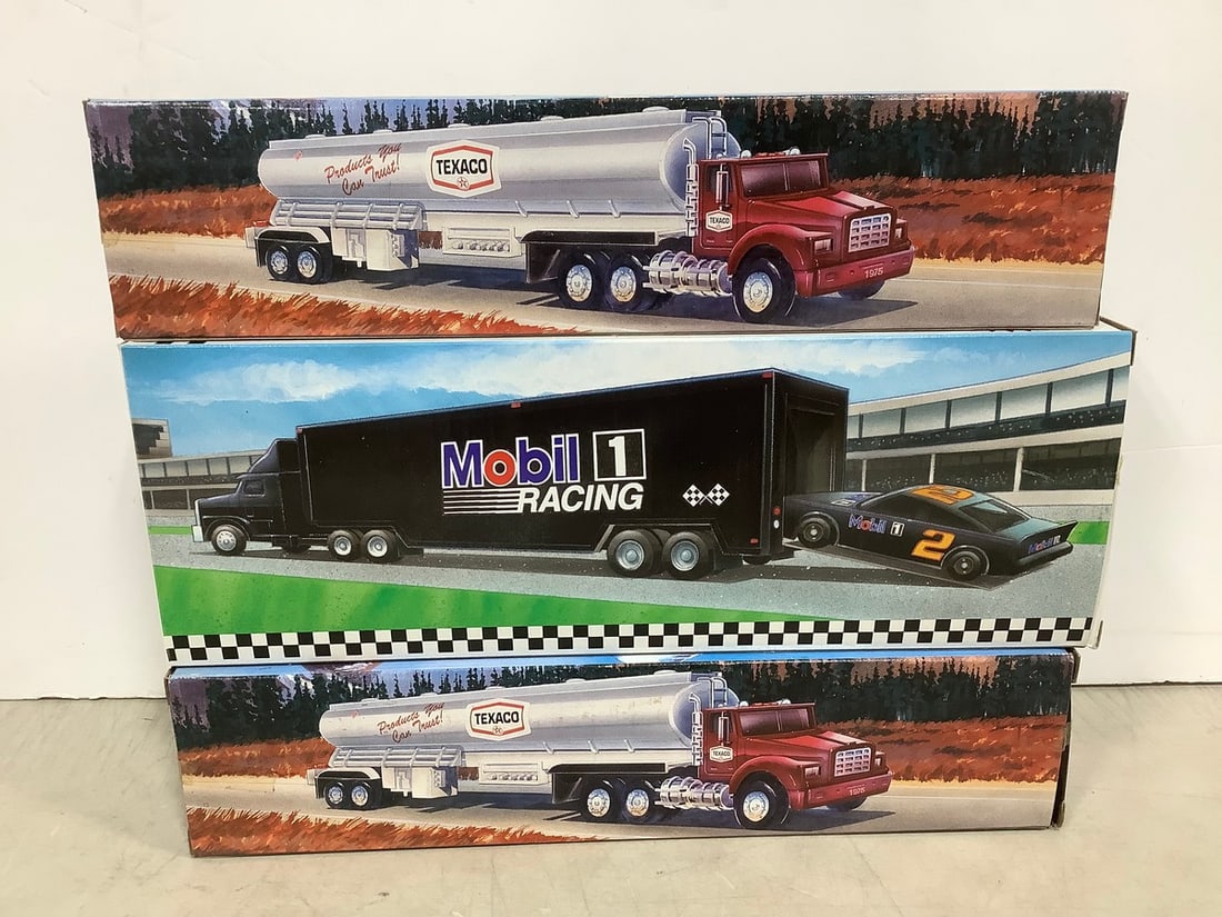 1975 Texaco Toy Tanker Trucks and Mobil Car Carrier *new in box*: 1975 Texaco Toy Tanker Trucks and Mobil Car Carrier *new in box*