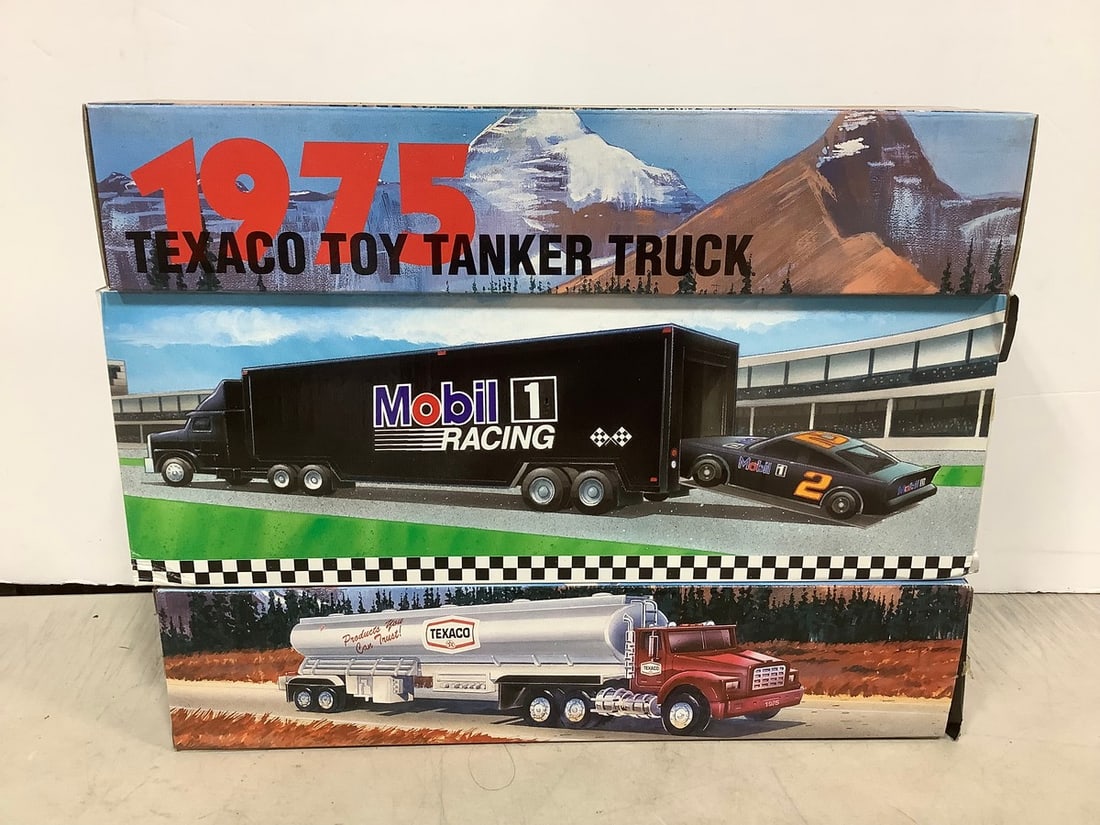1975 Texaco Toy Tanker Trucks and Mobil Car Carrier *new in box*: 1975 Texaco Toy Tanker Trucks and Mobil Car Carrier *new in box*