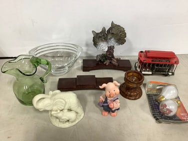 Hayward Statue, Glass Bowl, Vintage Cable Car, Green Glass Pitcher (6.25in Tall), and more