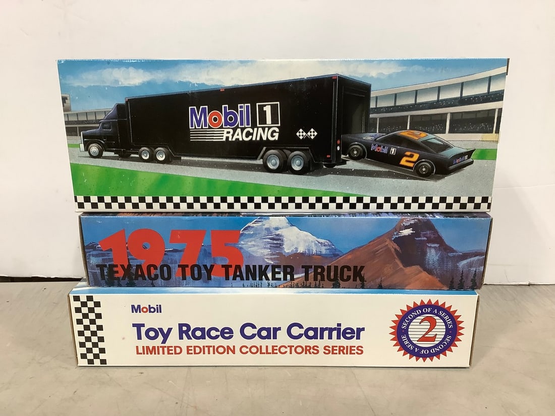 1975 Texaco Toy Tanker Truck and Mobil Car Carriers *new in box*: 1975 Texaco Toy Tanker Truck and Mobil Car Carriers *new in box*
