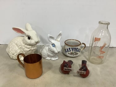 Glass Milk Jug (9in Tall), Bunny Statues, Copper Cup, and more