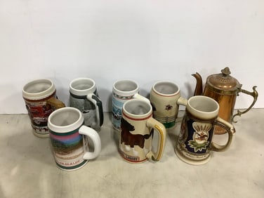 Various beer mugs and copper pitcher(8in.tall)