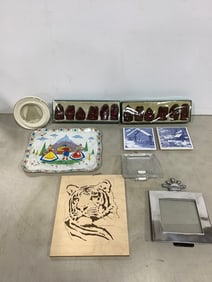 Lucky Buddha statue sets, wall decor tiles, vintage tin tray(8in.x10in.), and more