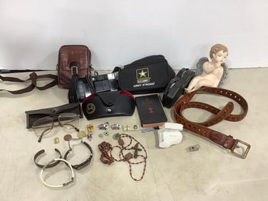 Ray Ban glasses case, vintage pins, angelic statue(6in.tall), and more