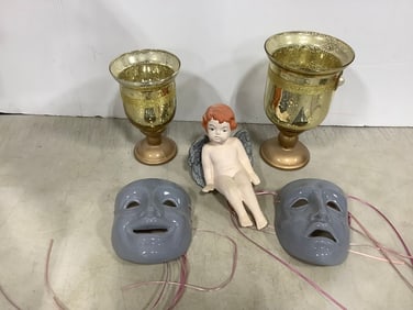 Ceramic masks, angelic statue(6in.tall), and brass candlestick holders