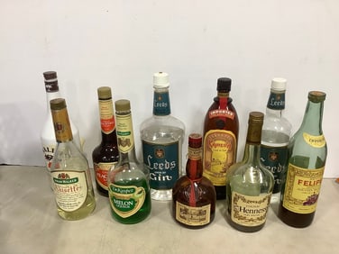Various alcohol(Leeds London Dry Gin, Felipe II Brandy, Hennessy, and more-different amounts in