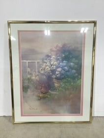 Framed and signed floral artwork(16in.x20.25in.)