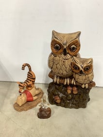 1982 ceramic owl statue, Pooh & Friends statue, and more(10.75in.tallest)