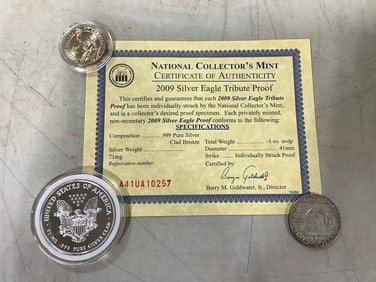 2009 Silver Eagle Tribute Proof with COA, US Half Dollar Coin, and more