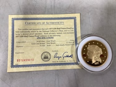 1877 Half Union Proof with COA
