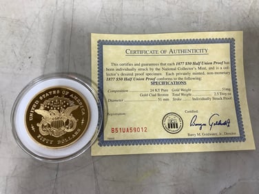 1877 Half Union Proof with COA