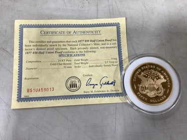 1877 Half Union Proof with COA