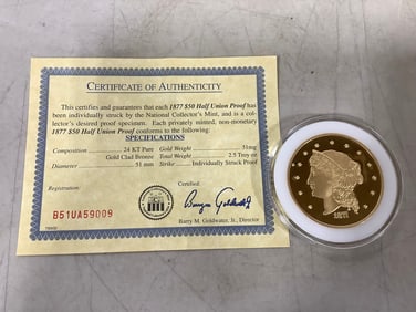 1877 Half Union Proof with COA
