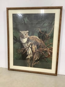 Framed Owl Artwork Signed Bruce Laing (25inx31in)