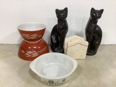 Ceramic Cat Statues, Various Pryex Bowls, and more (Tallest - 13in)